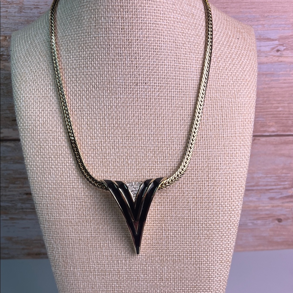 Vintage Panetta Gold and Black Onyx with rhinestones Pendant Necklace